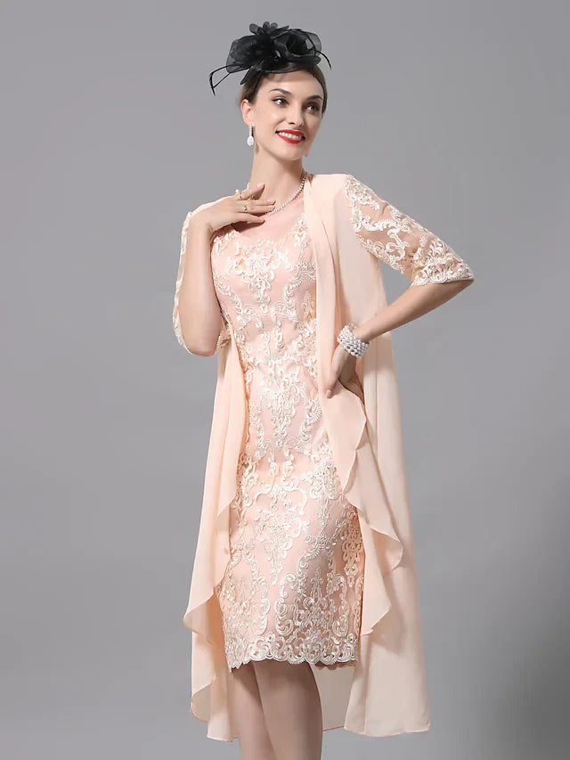 Wholesale Two Piece A-Line Mother of the Bride Dress Wrap Included Jewel Neck Knee Length Lace Half Sleeve with Appliques